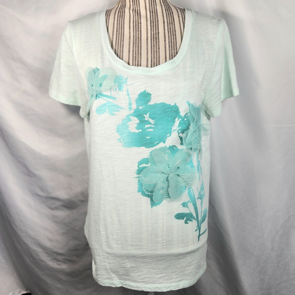Preswick & Moore Green 3D Floral Print Short Sleeve Cotton Top Size Large